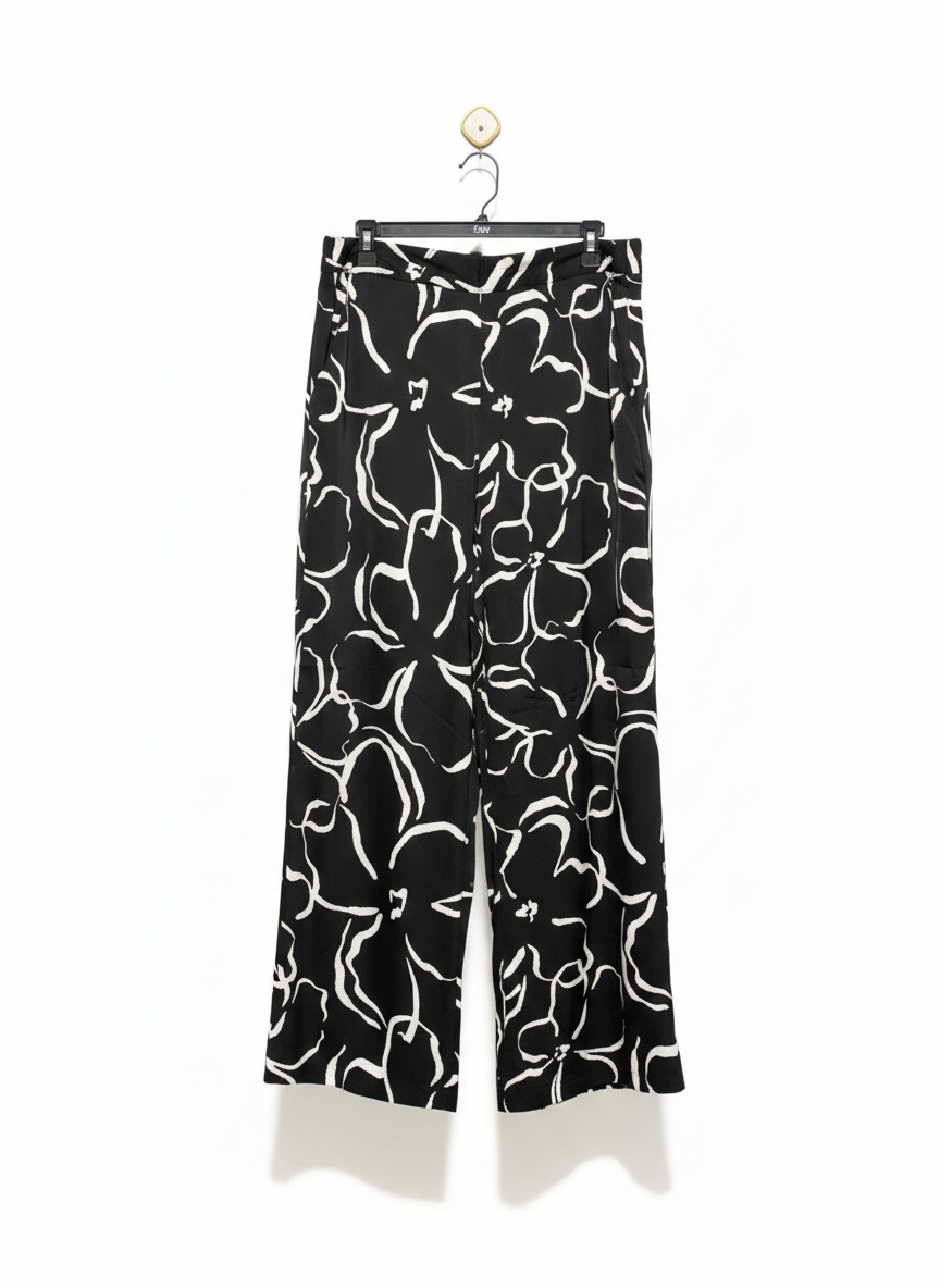 ANKO |XL| WAIST 34|C1|  WOMEN'S HIGH-WAISTED WIDE-LEG CULOTTES - MONOCHROME FLORAL ABSTRACTION