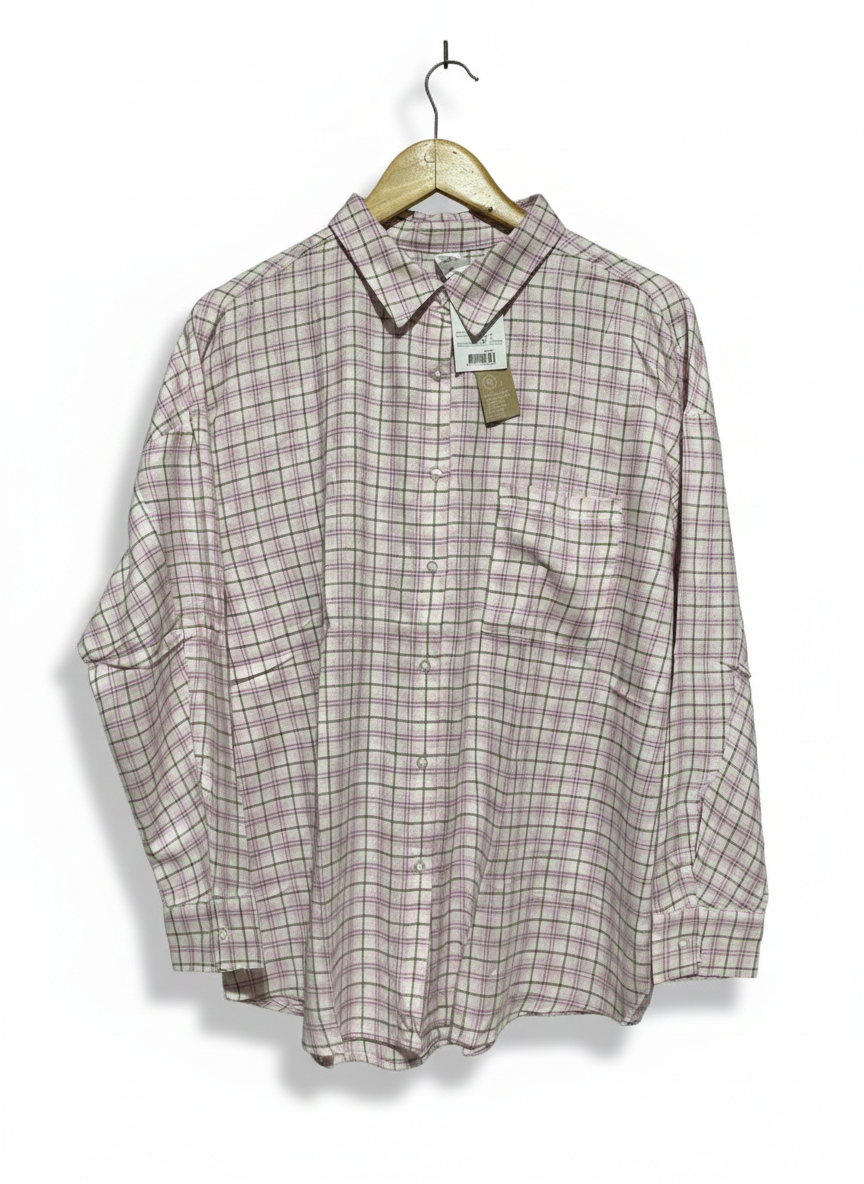 ANKO |XL| BUST 24| WOMEN’S OVERSIZED PLAID FLANNEL SHIRT – PINK, GREY, AND WHITE CHECKERED LONG-SLEEVE TOP