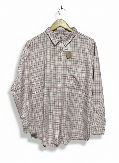 ANKO |XL| BUST 24| WOMEN’S OVERSIZED PLAID FLANNEL SHIRT – PINK, GREY, AND WHITE CHECKERED LONG-SLEEVE TOP