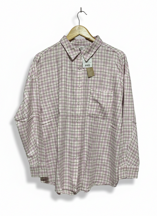ANKO |M| BUST 24|C9| WOMEN’S OVERSIZED PLAID FLANNEL SHIRT – PINK, GREY, AND WHITE CHECKERED LONG-SLEEVE TOP