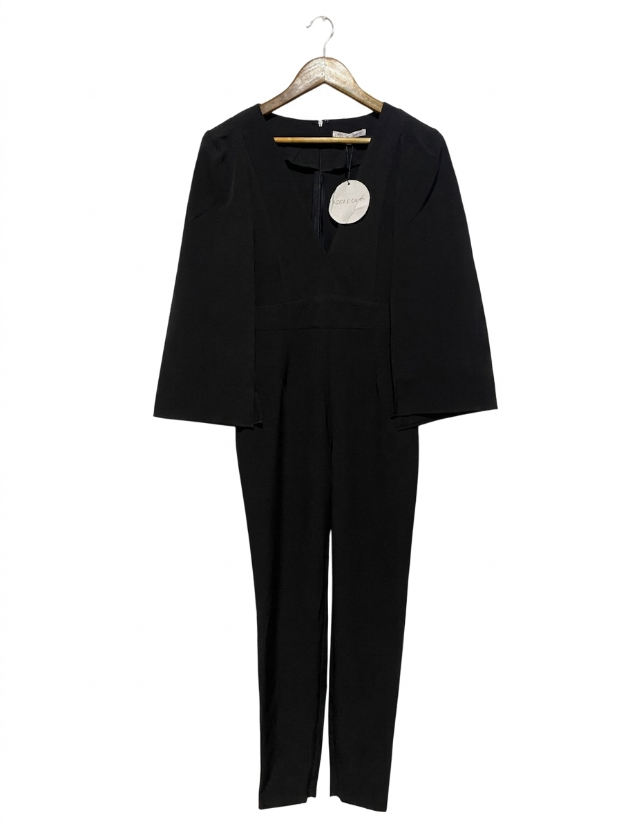 IVORY & CHAIN |M| BUST 17| B12| WOMEN'S SOPHISTICATED BLACK V-NECK JUMPSUIT WITH KIMO SLEEVES