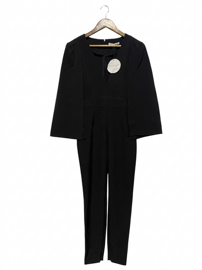 IVORY & CHAIN |M| BUST 17| B12| WOMEN'S SOPHISTICATED BLACK V-NECK JUMPSUIT WITH KIMO SLEEVES