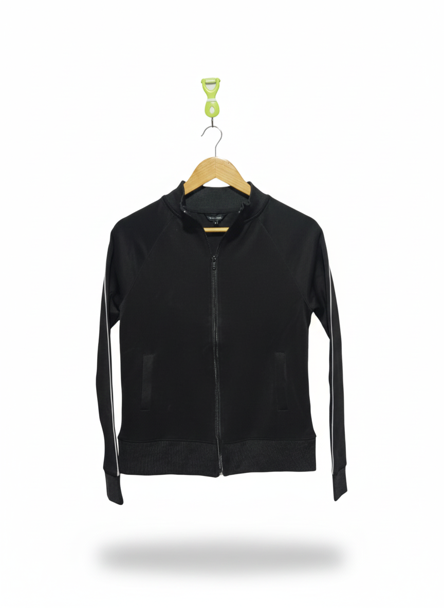 NEWW LOOK |XS/S|BUST 16| BLACK ZIP-UP TRACK JACKET WITH WHITE SLEEVE STRIPES