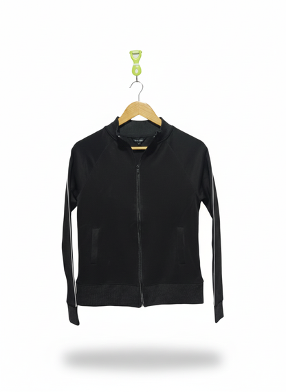 NEWW LOOK |XS/S|BUST 16| BLACK ZIP-UP TRACK JACKET WITH WHITE SLEEVE STRIPES
