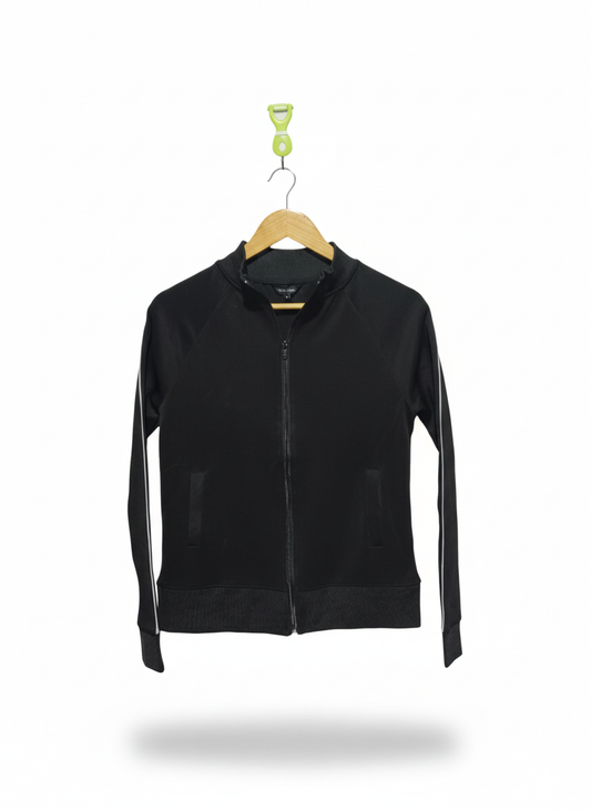 NEWW LOOK |XS/S|BUST 16| BLACK ZIP-UP TRACK JACKET WITH WHITE SLEEVE STRIPES