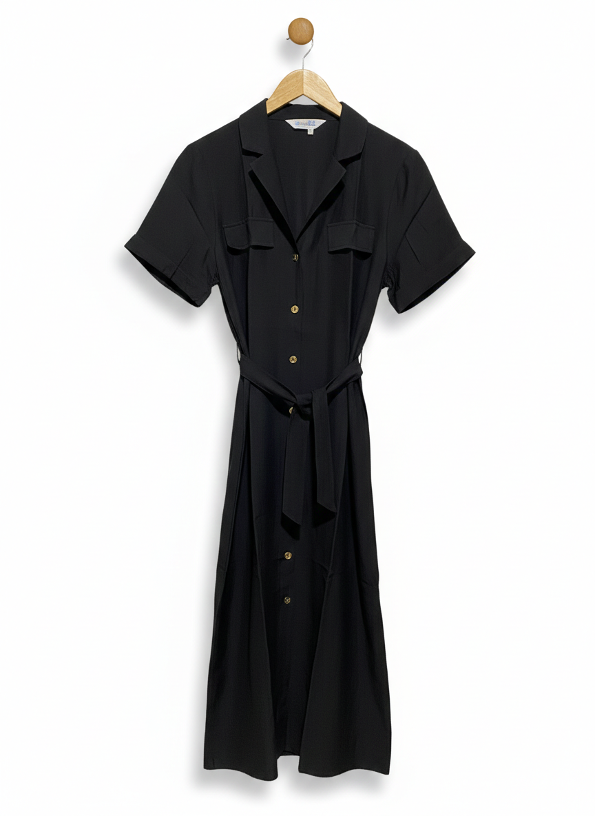 PRIMARK CARES |M| BUST 19| C5| WOMEN'S BLACK SHORT SLEEVE BUTTON-DOWN UTILITY MIDI DRESS WITH WAIST TIE