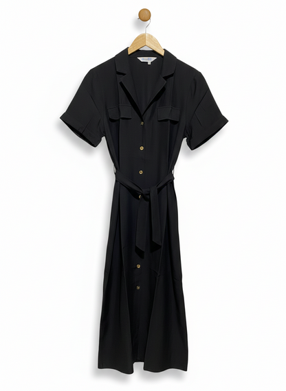 PRIMARK CARES |M| BUST 19| C5| WOMEN'S BLACK SHORT SLEEVE BUTTON-DOWN UTILITY MIDI DRESS WITH WAIST TIE