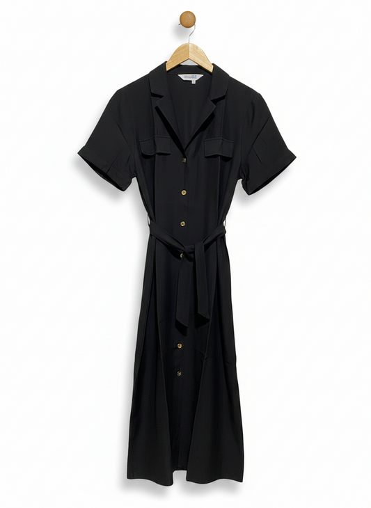 PRIMARK CARES |M| BUST 19| C5| WOMEN'S BLACK SHORT SLEEVE BUTTON-DOWN UTILITY MIDI DRESS WITH WAIST TIE