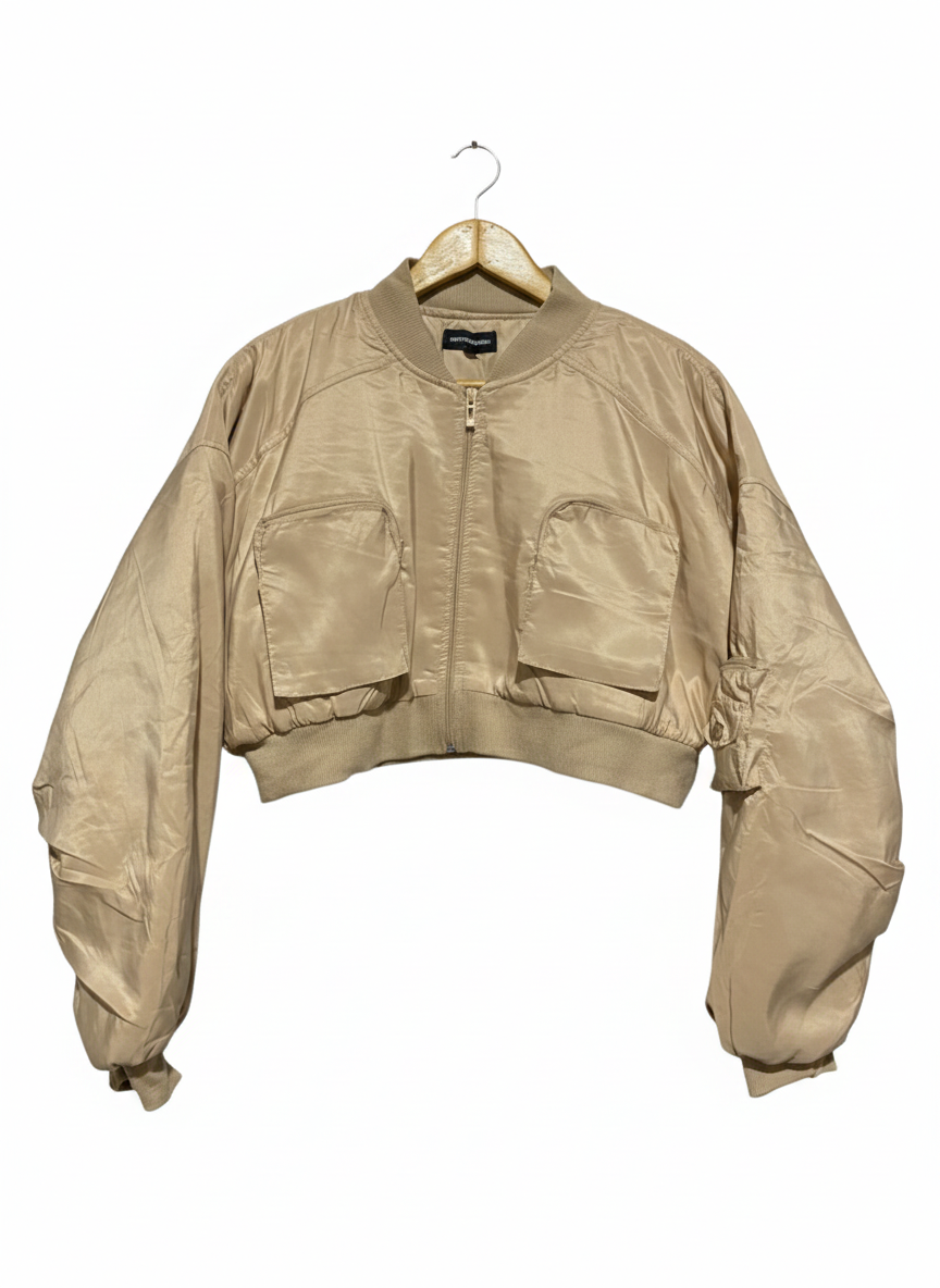 PRETTYLITTLE THING |XL| BUST 23| beige cropped ruched sleeve utility pocket bomber jacket