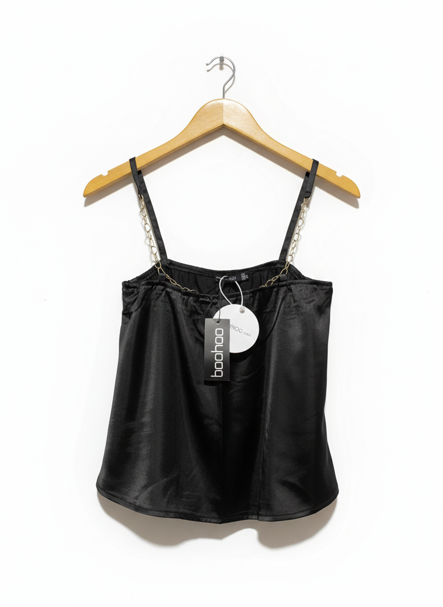 BOOHOO |S| BUST 14| SATIN CHAIN STRAP CAMI TOP IN BLACK