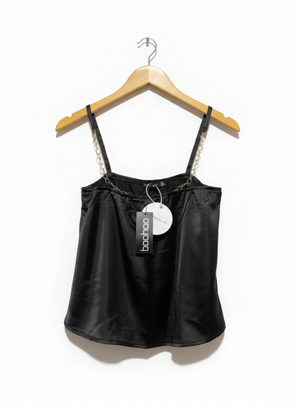 BOOHOO |S| BUST 14| SATIN CHAIN STRAP CAMI TOP IN BLACK