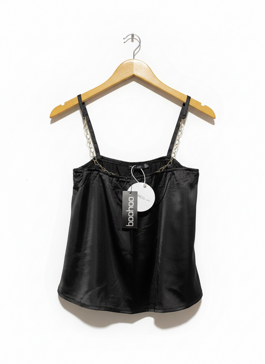 BOOHOO |S| BUST 14| SATIN CHAIN STRAP CAMI TOP IN BLACK