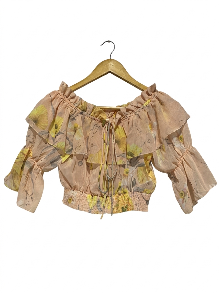 H&M |S| BUST 15| B4| VINTAGE FLORAL RUFFLE OFF-SHOULDER CROP TOP WITH SMOCKED WAIST