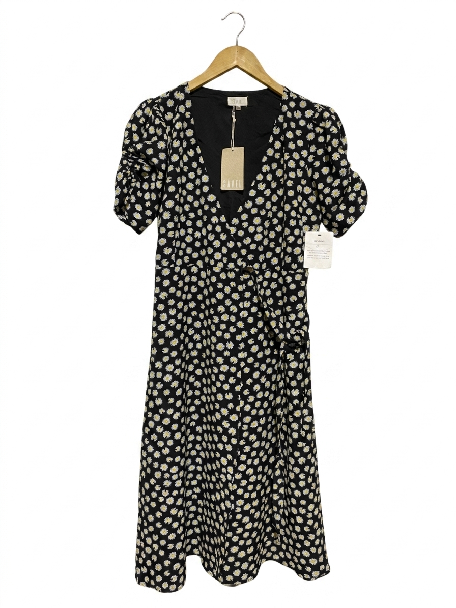 SAVEL |M| BUST 17| B10| WOMEN'S BLACK DAISY PRINT SHORT SLEEVE WRAP MIDI DRESS