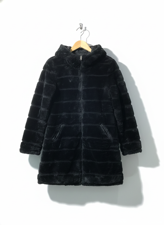 BLACK HOODED FAUX FUR COAT|M|BUST 32|COAT