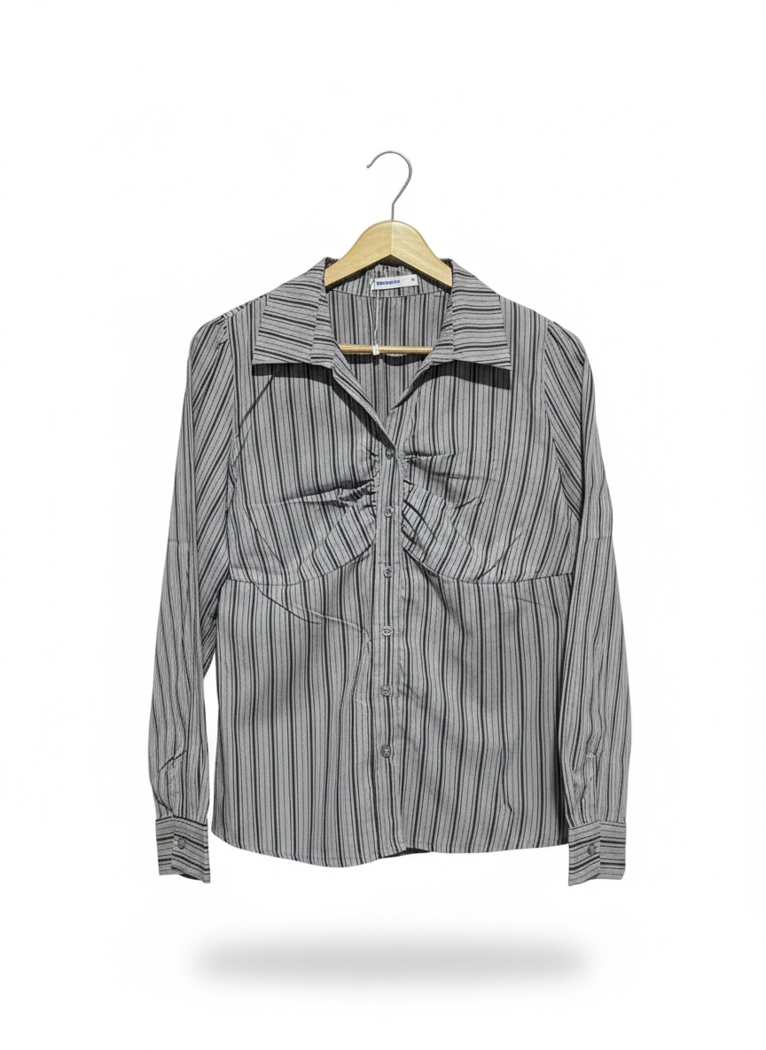 VALLEYGIRL |L| BUST 19| GREY PINSTRIPE RUCHED BUST BLOUSE