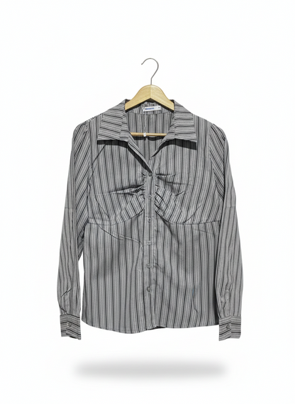VALLEYGIRL |L| BUST 19| GREY PINSTRIPE RUCHED BUST BLOUSE