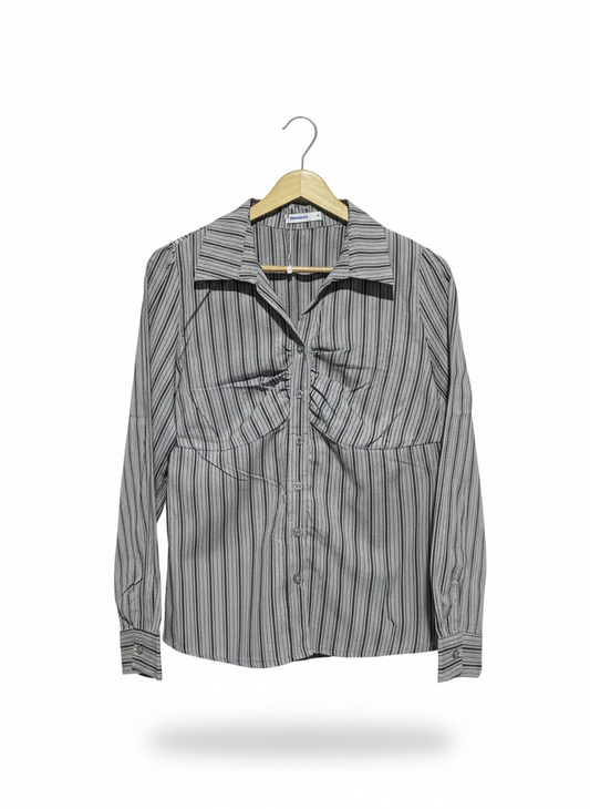 VALLEY GIRL |L| BUST 19| C9| GREY PINSTRIPE RUCHED BUST BLOUSE