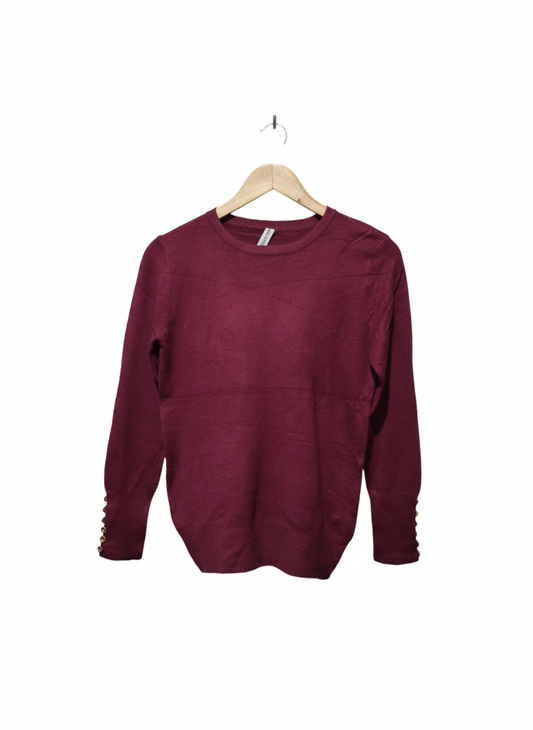 ZENANA OUTFITTERS Burgundy Crewneck Pullover Sweater With Buttons On The Cuffs