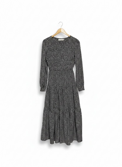 PETAL PUP |S| BUST 15| C6| BLACK DITSY PRINT TIERED MIDI DRESS