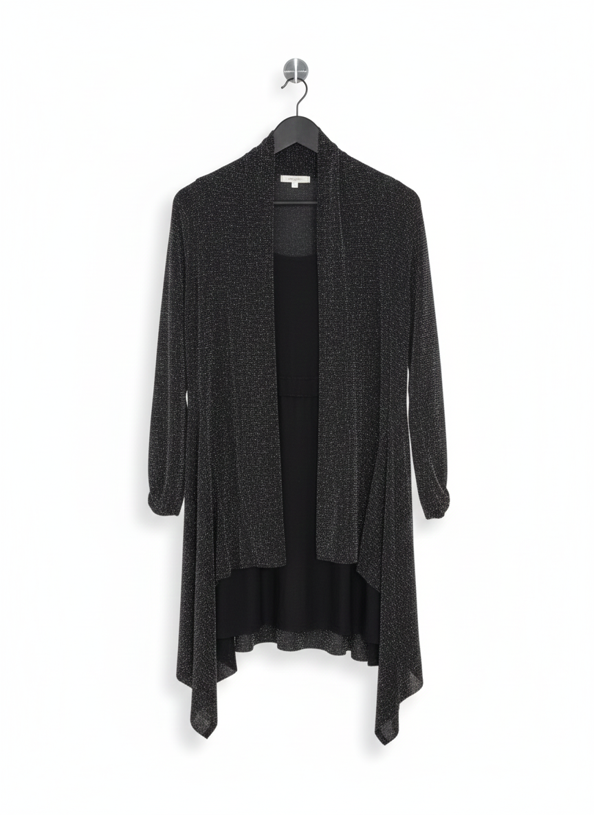 FEMME LUXE|S/M|BUST 17|Black Shimmer Draped Cardigan