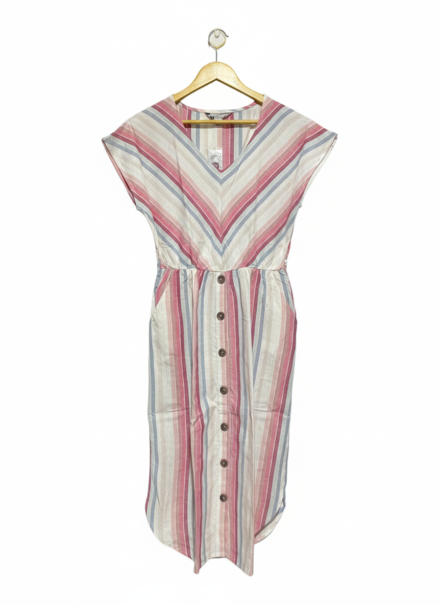ROCKMANS |M| BUST 18| C3| MULTICOLOR CHEVRON AND VERTICAL STRIPE BUTTON-FRONT MIDI DRESS