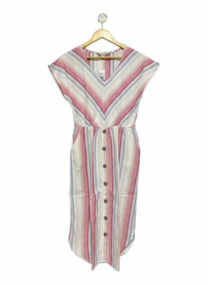 ROCKMANS |M| BUST 18| C3| MULTICOLOR CHEVRON AND VERTICAL STRIPE BUTTON-FRONT MIDI DRESS