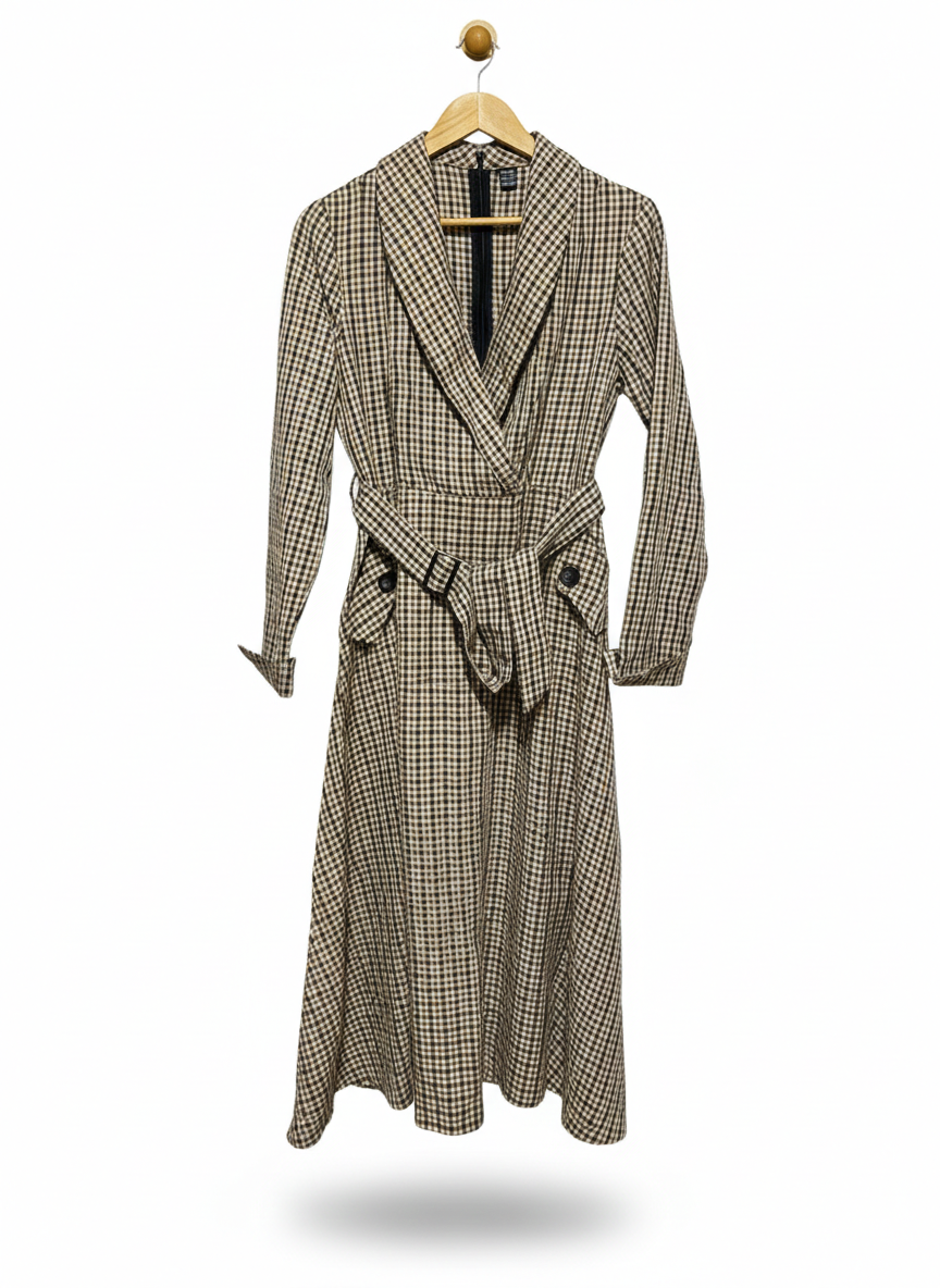 SHEIN |L| BUST 17| WOMEN’S BROWN AND BEIGE CHECKERED MAXI DRESS - TRENCH-STYLE LONG SLEEVE DRESS WITH BELT