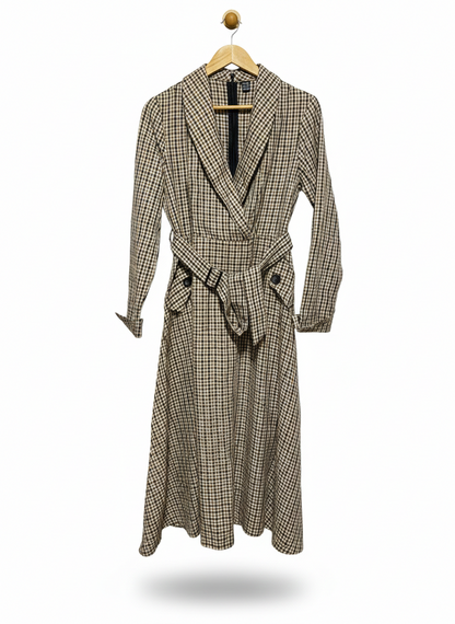 SHEIN |L| BUST 17| WOMEN’S BROWN AND BEIGE CHECKERED MAXI DRESS - TRENCH-STYLE LONG SLEEVE DRESS WITH BELT