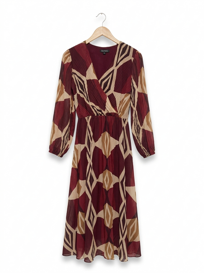 BLUE VANILLA |S/M| BUST 17| BASIC BURGUNDY GEOMETRIC PRINT WRAP DRESS
