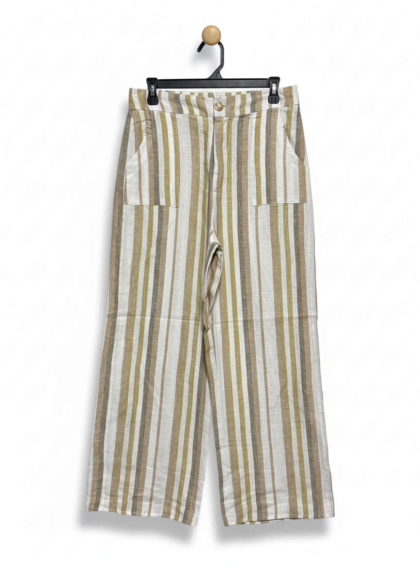 LITTLE LIES |L| WAIST 30| EARTH-TONED STRIPED LINEN-BLEND WIDE-LEG TROUSERS