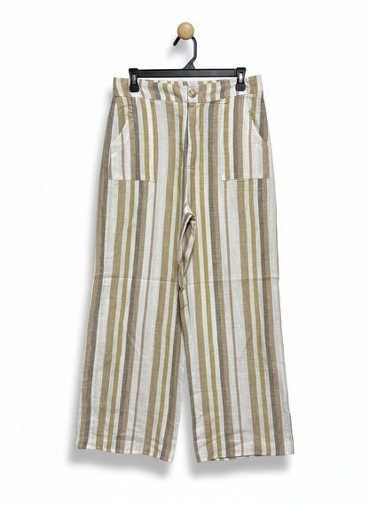 LITTLE LIES |L| WAIST 30| EARTH-TONED STRIPED LINEN-BLEND WIDE-LEG TROUSERS