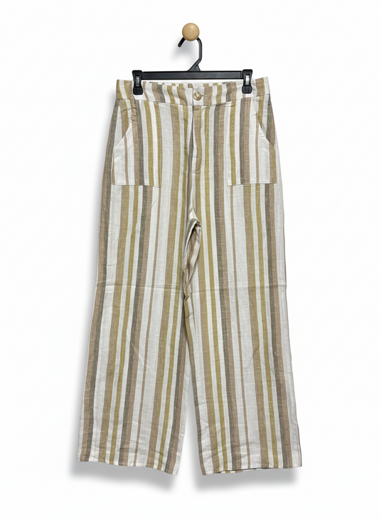LITTLE LIES |L| WAIST 30| C8| EARTH-TONED STRIPED LINEN-BLEND WIDE-LEG TROUSERS