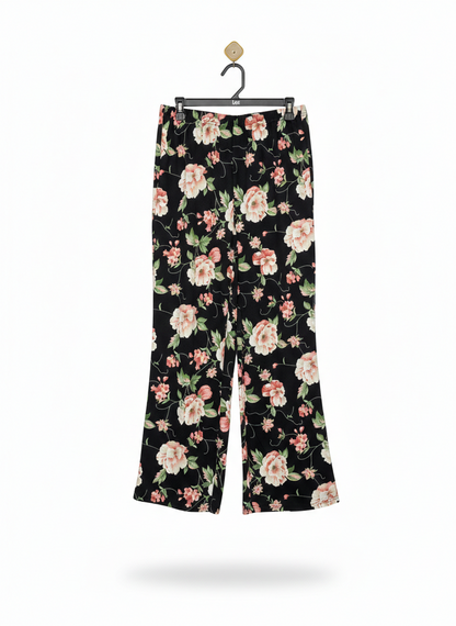 EMERY ROSE |XL| WAIST 30| WOMEN’S BLACK HIGH-WAISTED WIDE-LEG PANTS WITH VIBRANT PINK FLORAL PRINT