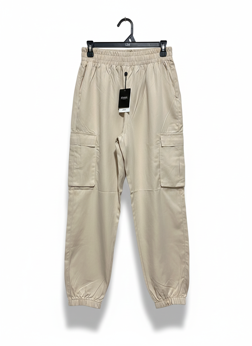 PREMIUM KHAKI CARGO JOGGER PANTS WITH ELASTIC WAIST AND CUFFS |L| WAIST 26|