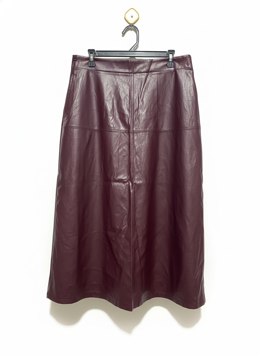 TU WOMAN |L| WAIST 32|  burgundy faux-leather A-line midi skirt