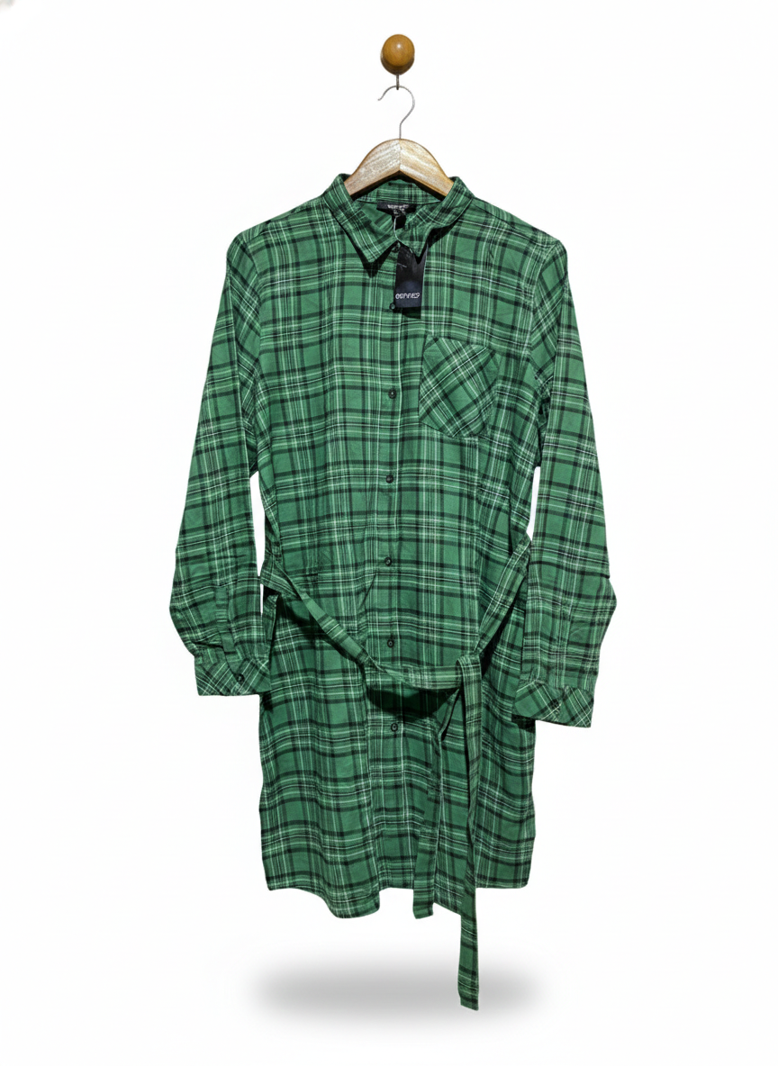ESMARA |XL| BUST 23|B12|WOMEN'S GREEN CHECKERED BUTTON-DOWN PLAID SHIRT DRESS WITH WAIST TIE