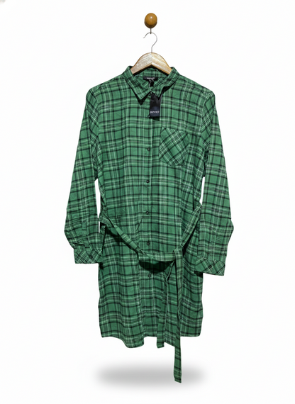 ESMARA |XL| BUST 23|B12|WOMEN'S GREEN CHECKERED BUTTON-DOWN PLAID SHIRT DRESS WITH WAIST TIE