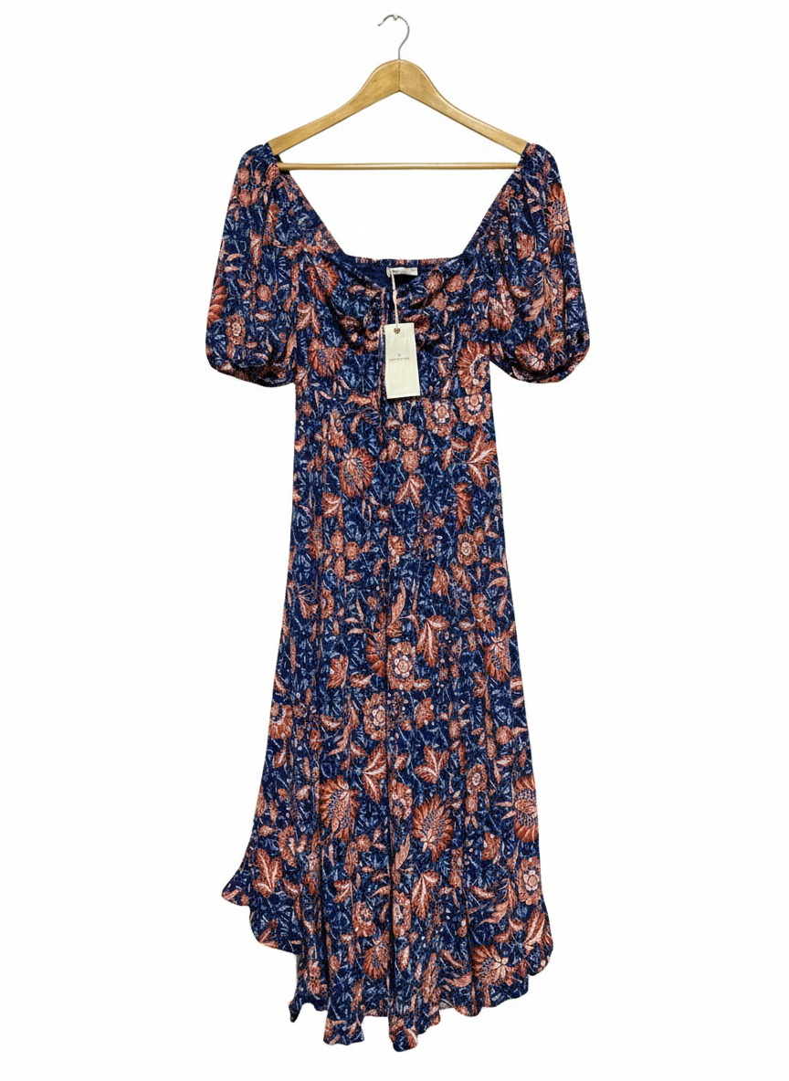 SPRING FIELD |S| BUST 12| C3| VINTAGE FLORAL PUFF-SLEEVE MIDI DRESS IN NAVY AND RUST