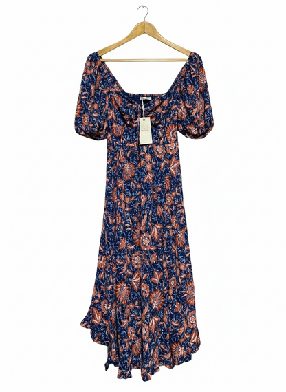 SPRING FIELD |S| BUST 12| C3| VINTAGE FLORAL PUFF-SLEEVE MIDI DRESS IN NAVY AND RUST