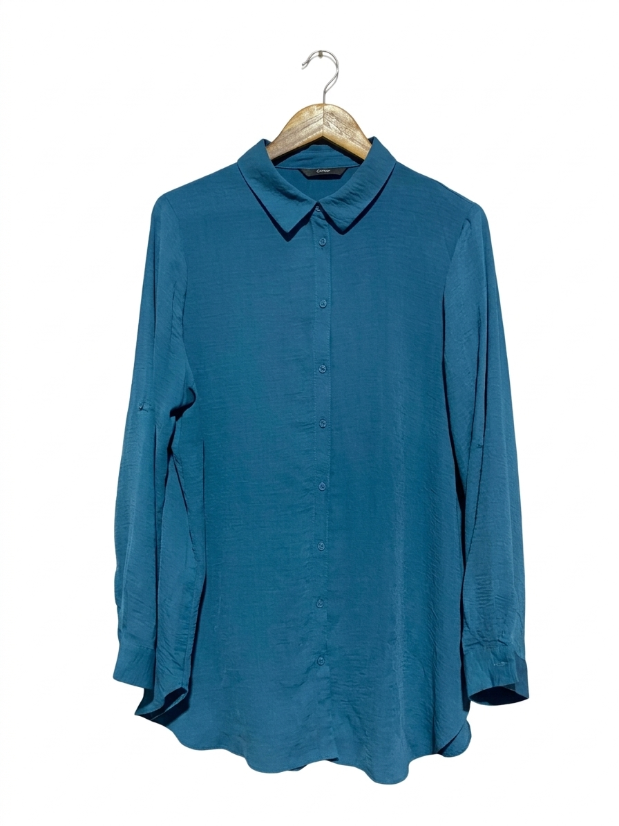 GEORGE |XL| BUST 24| B4| TEAL BLUE LONG-LINE BUTTON-DOWN TEXTURED SHIRT