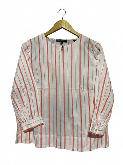 DAVID LAWRENCE |XL| BUST 22| B22| CHIC WHITE AND RED VERTICAL STRIPED LONG SLEEVE TOP WITH KEYHOLE DETAIL