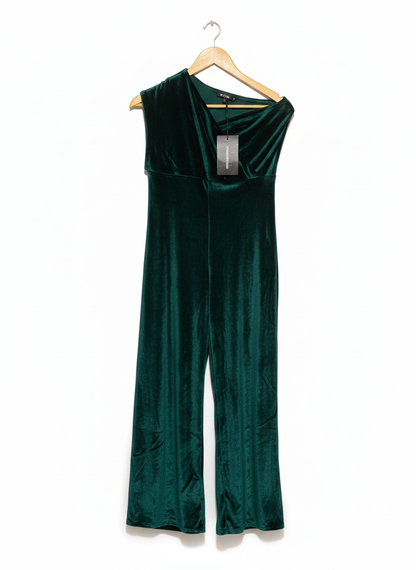 PRETTY LITTLE THING|M|BUST 17|EMERALD GREEN VELVET ONE SHOULDER WIDE LEG JUMPSUIT