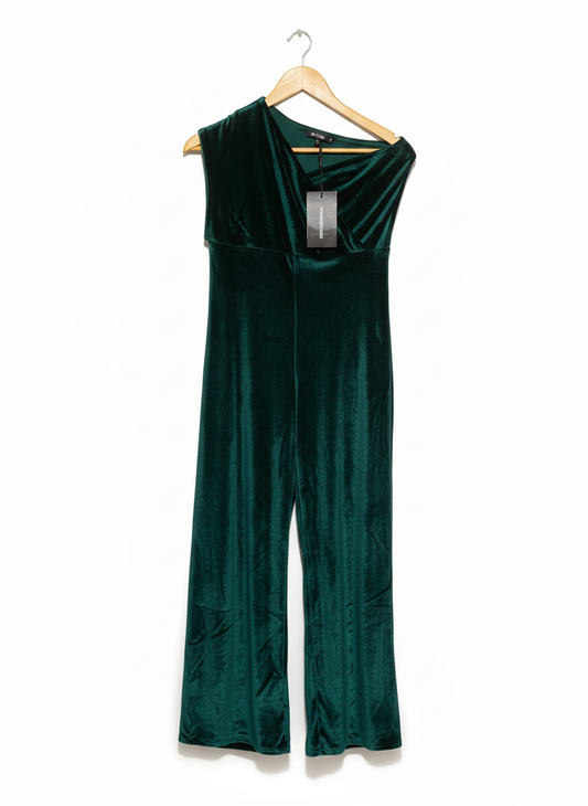 PRETTY LITTLE THING|M|BUST 17|EMERALD GREEN VELVET ONE SHOULDER WIDE LEG JUMPSUIT