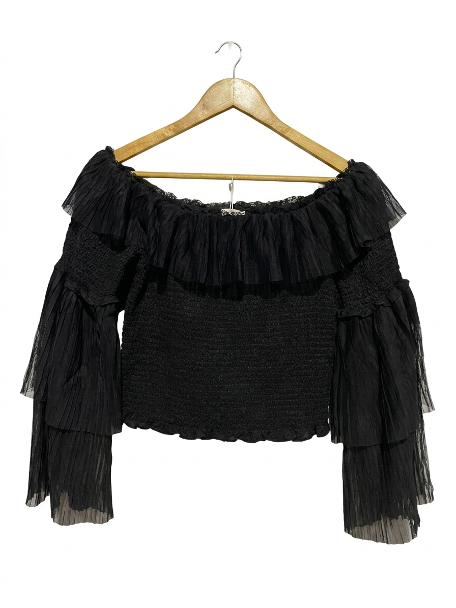 BARDOT |M| BUST 14| B11| BLACK PLEATED OFF-SHOULDER SMOCKED BLOUSE WITH BELL SLEEVES