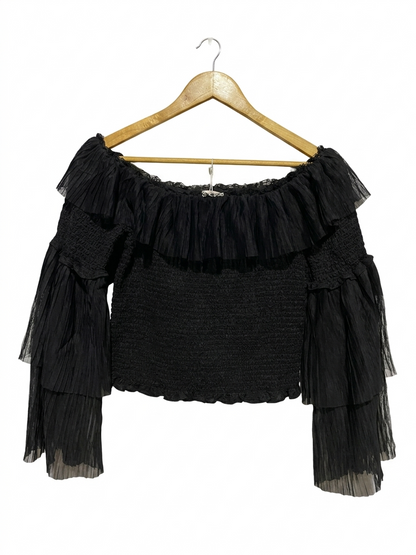 BARDOT |M| BUST 14| B11| BLACK PLEATED OFF-SHOULDER SMOCKED BLOUSE WITH BELL SLEEVES