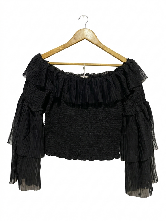 BARDOT |M| BUST 14| B11| BLACK PLEATED OFF-SHOULDER SMOCKED BLOUSE WITH BELL SLEEVES