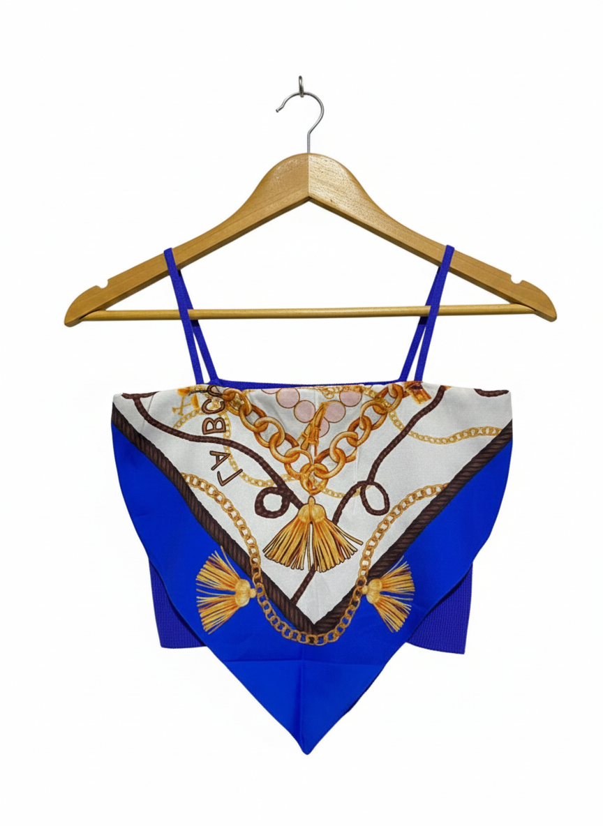 Blue and White Scarf Print Crop Top |S| BUST 13|