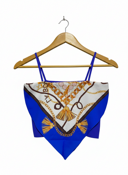 Blue and White Scarf Print Crop Top |S| BUST 13|