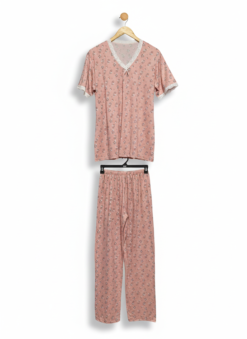 WOMEN'S PINK FLORAL PRINT COTTON PAJAMA SET |L|